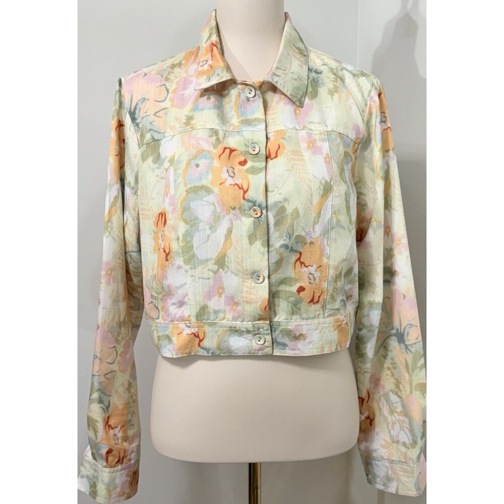 Lulu’s Sunny Scene Light Green Multi Floral Print Cropped Jacket Spring Sz Large